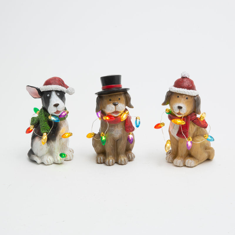 6.3 Inch High Battery Operated Lighted Resin Holiday Dogs with Timer Set of 3