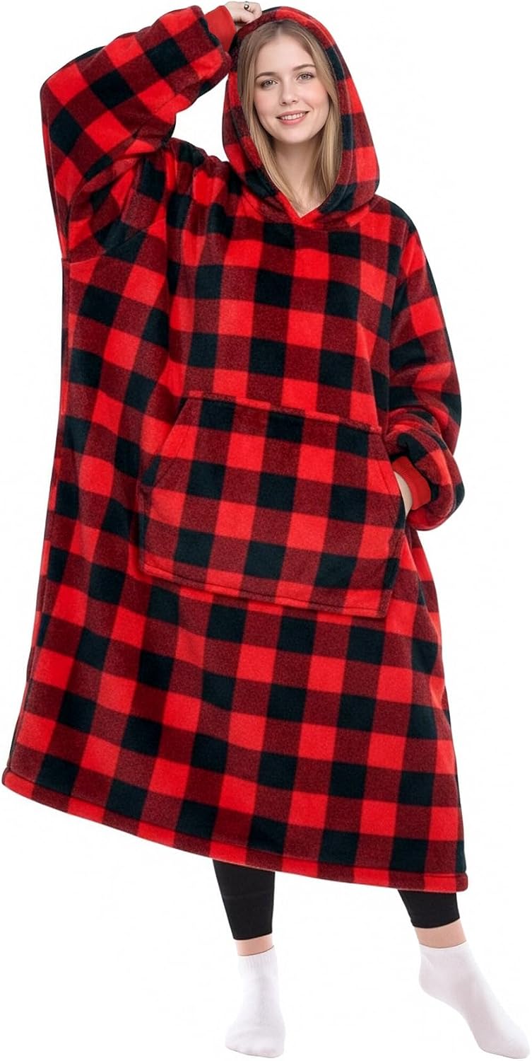 KPBLIS Wearable Blanket Hoodie Gifts for Women Men, Cozy Hoodie Blankets Sweatshirt Christmas Birthday Gifts for Women Mom Wife, Warm Fleece Hooded Blanket with Sleeves for Adults, Red Buffalo Plaid
