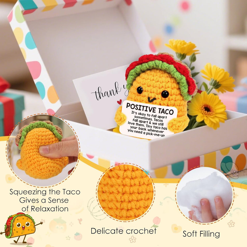 Positive Crochet Taco Christmas Birthday Gifts for Women Men Stocking Stuffers Basket Holiday Decor Self Care Card Teacher Adult Kids Son Mom Dad Daughter Sister Friend Coworkers Inspirational Gift