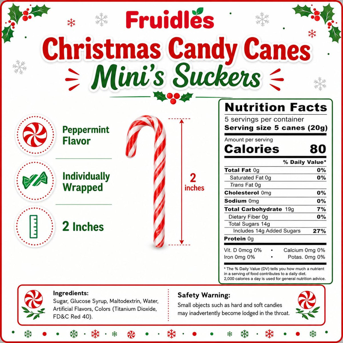 Fruidles Christmas Mini Candy Canes 100 Pack Peppermint Flavor, Individually Wrapped, 2" Inch,