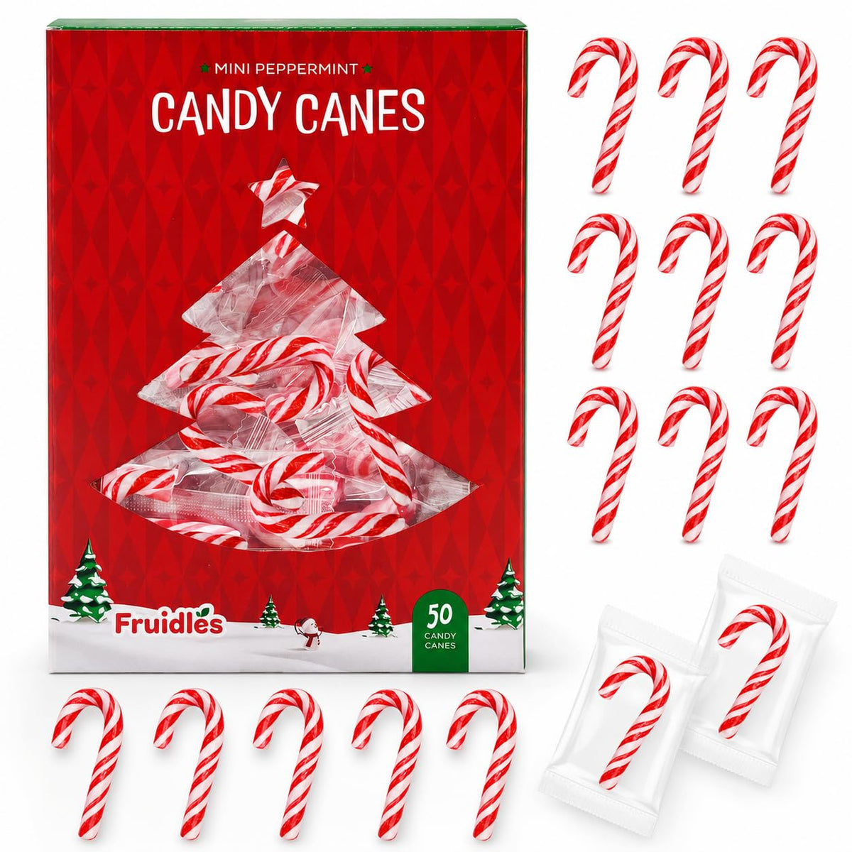 Fruidles Christmas Mini Candy Canes 100 Pack Peppermint Flavor, Individually Wrapped, 2" Inch,