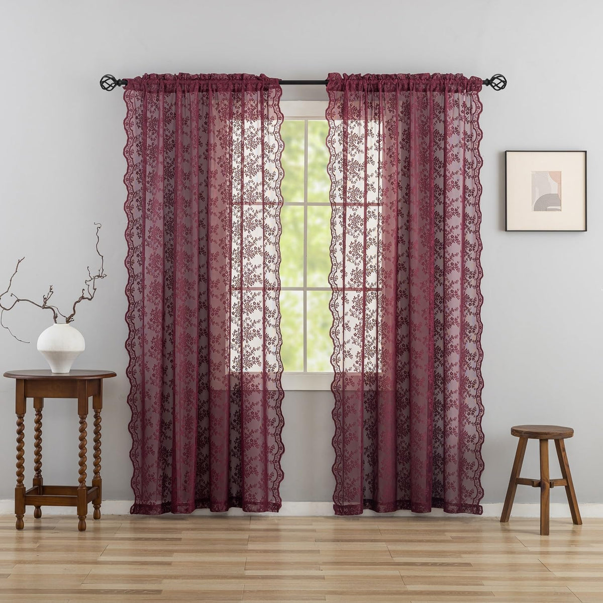 YJ YANJUN Vintage Lace Curtains 84 Inches Long- Elegant Floral Maroon Sheer Curtains Timeless Christmas Burgundy Drapes for Living Room Bedroom Privacy 7 FT 52W x 84L (Set of 2) Deep Merlot