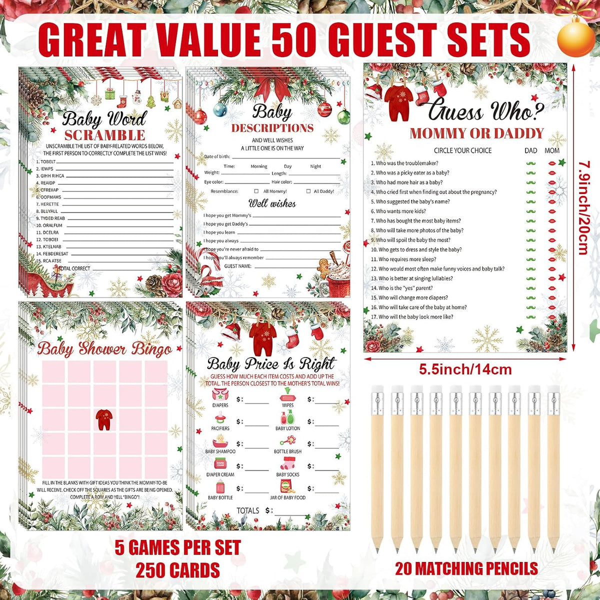 Patelai 321 Pcs Christmas Santa Baby Shower Game Supplies Set