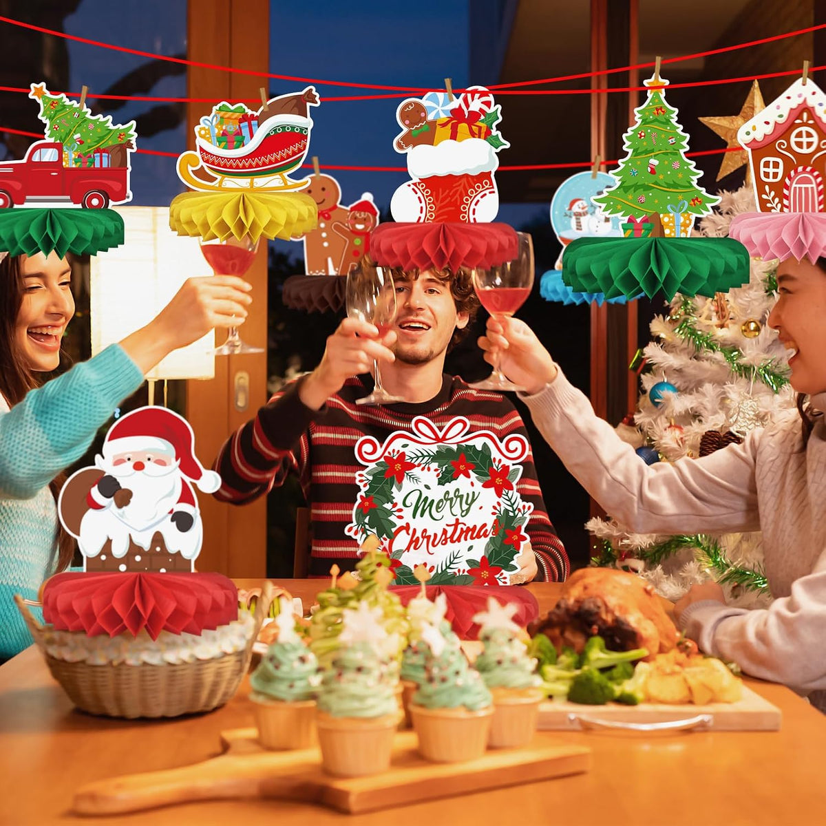 Merry Christmas FM Carts Bundle - Includes Festive Christmas Honeycomb Centerpieces ï¼ŒSanta Claus Snowman Table Toppers, Perfect for Classroom Decor, Christmas & Winter Birthday Party Supplies