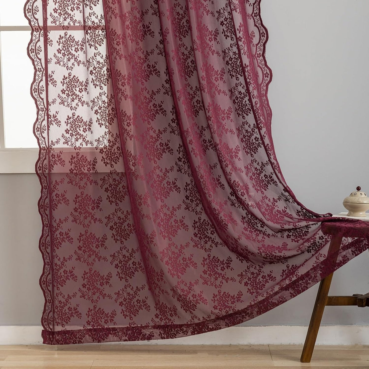 YJ YANJUN Vintage Lace Curtains 84 Inches Long- Elegant Floral Maroon Sheer Curtains Timeless Christmas Burgundy Drapes for Living Room Bedroom Privacy 7 FT 52W x 84L (Set of 2) Deep Merlot