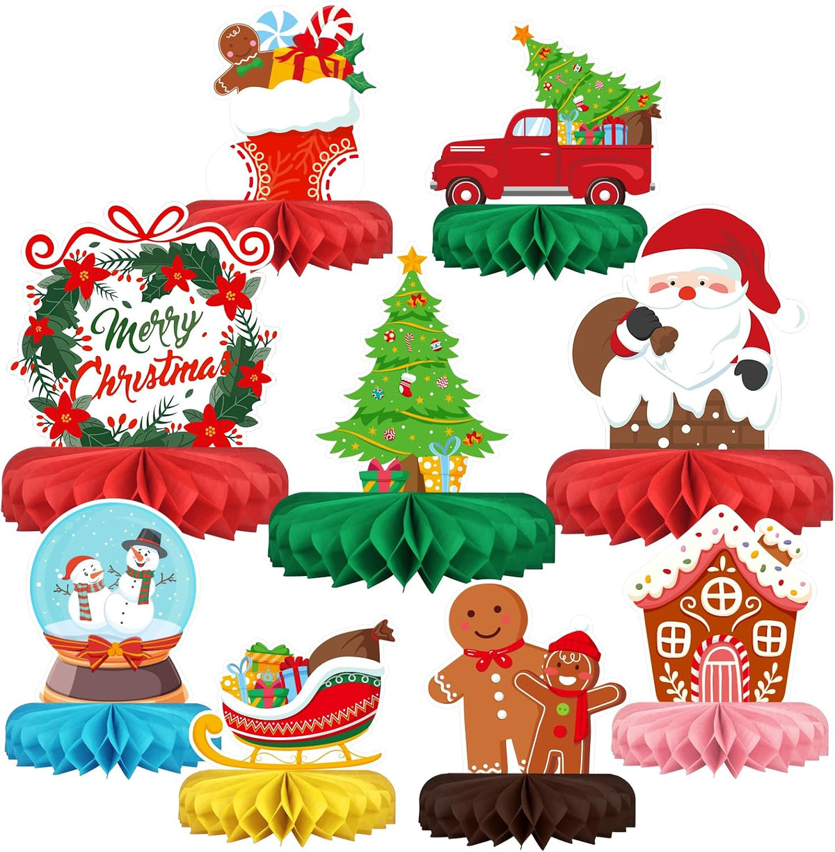 Merry Christmas FM Carts Bundle - Includes Festive Christmas Honeycomb Centerpieces ï¼ŒSanta Claus Snowman Table Toppers, Perfect for Classroom Decor, Christmas & Winter Birthday Party Supplies