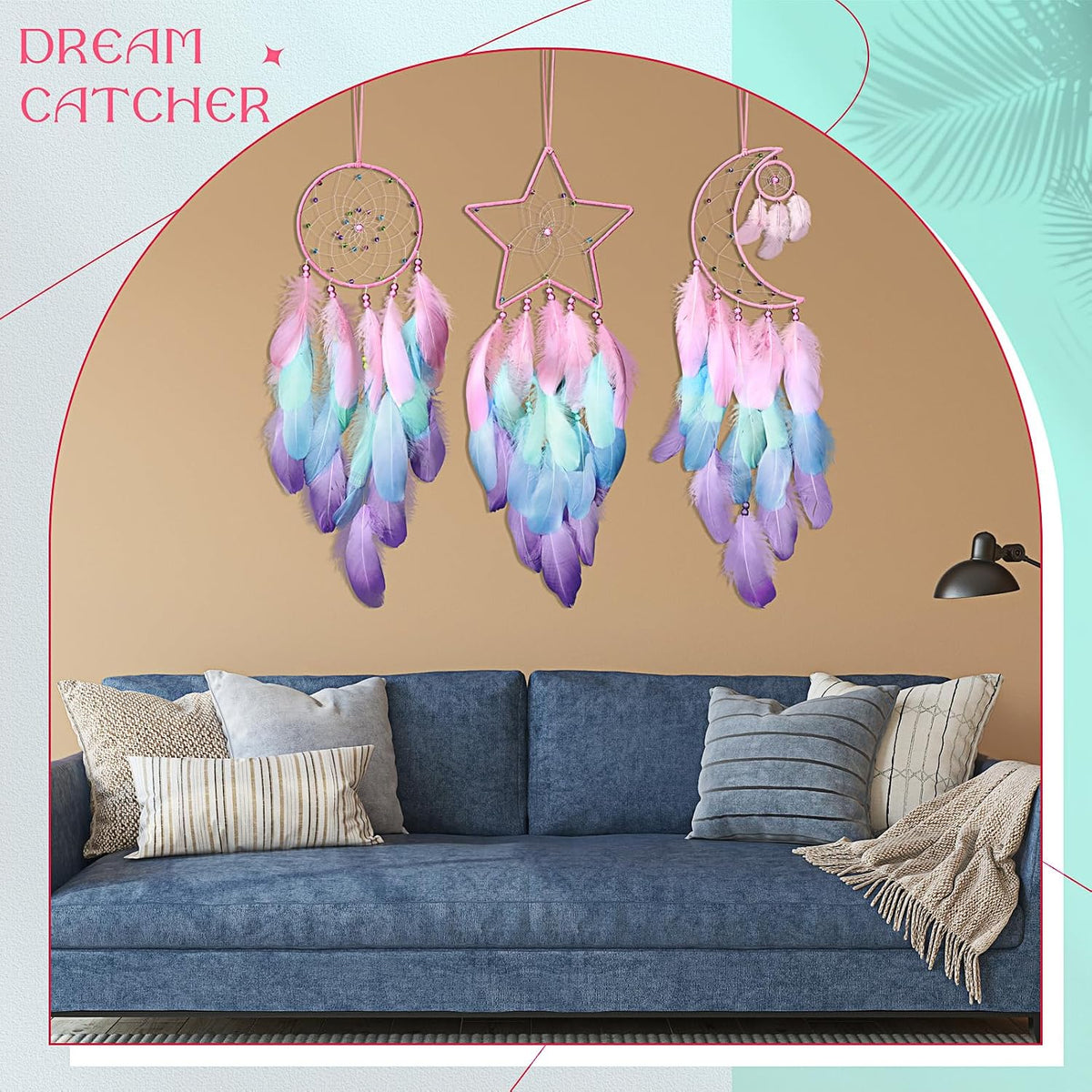 Jetec 3 Pcs Dream Catcher for Girl Star Sun Moon Decor, Macaron Color