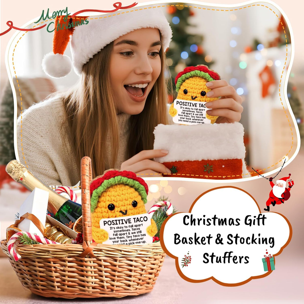 Positive Crochet Taco Christmas Birthday Gifts for Women Men Stocking Stuffers Basket Holiday Decor Self Care Card Teacher Adult Kids Son Mom Dad Daughter Sister Friend Coworkers Inspirational Gift
