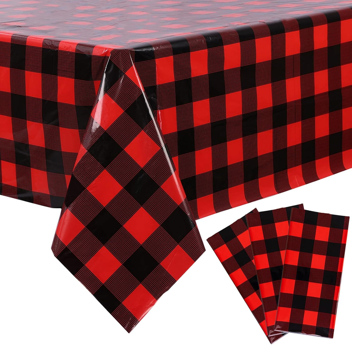 Kesfey Red and Black Gingham Tablecloth Christmas Party Table Cover 3 Packs