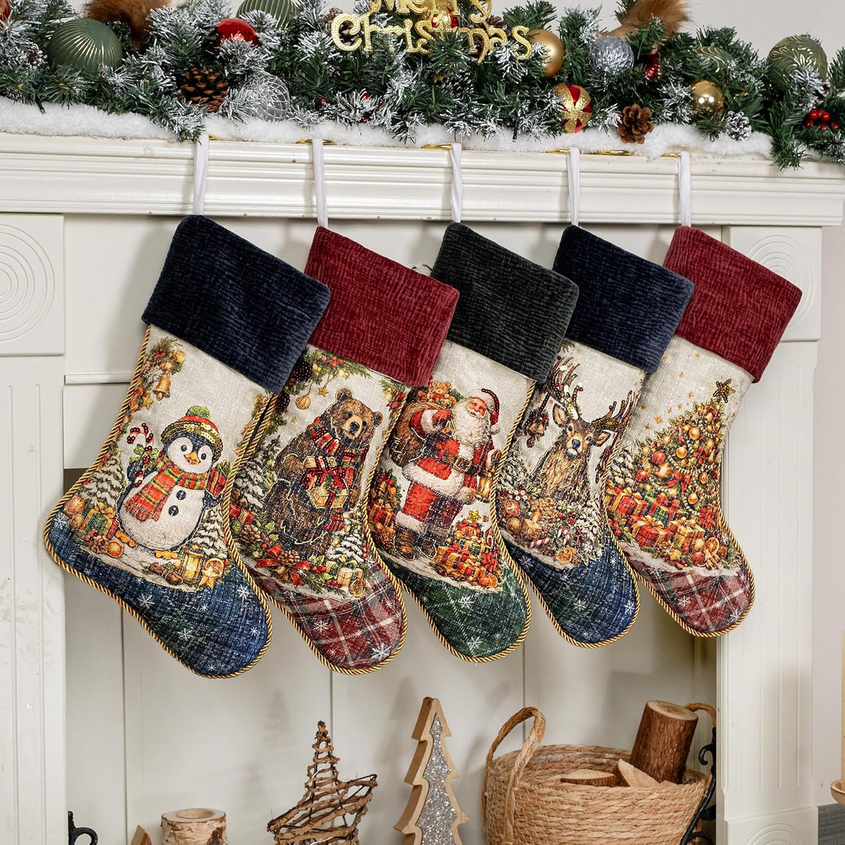 6 Pack Christmas Stockings Set of 6 Large Family Xmas Stocking Embroidered 20" Rustic Traditional Classic Retro Vintage Fireplace Hanging Holiday Decor