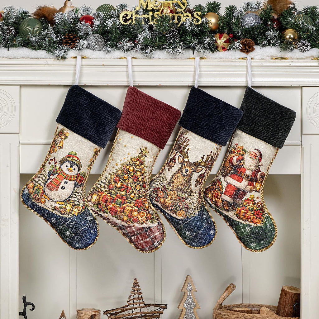 6 Pack Christmas Stockings Set of 6 Large Family Xmas Stocking Embroidered 20" Rustic Traditional Classic Retro Vintage Fireplace Hanging Holiday Decor