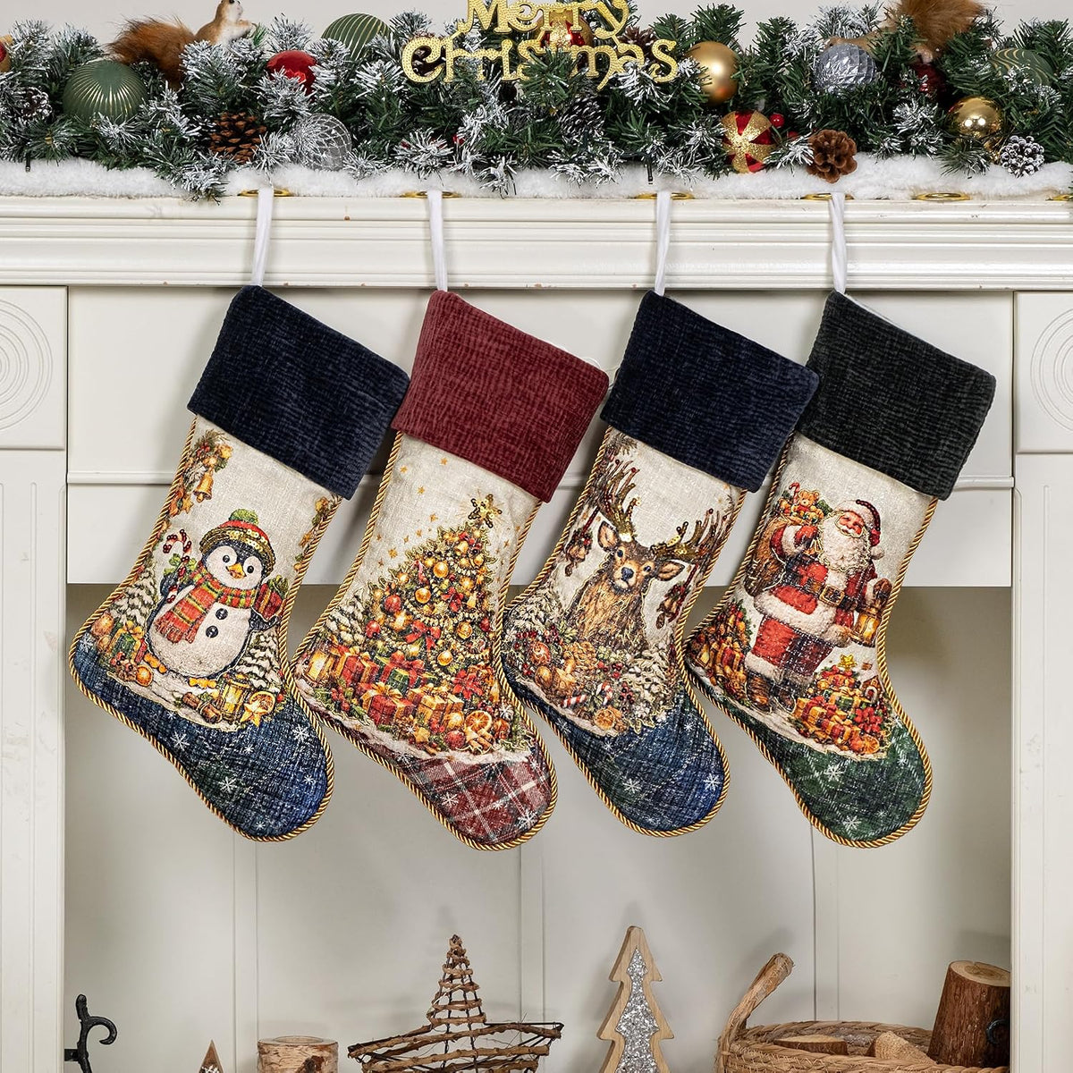 6 Pack Christmas Stockings Set of 6 Large Family Xmas Stocking Embroidered 20" Rustic Traditional Classic Retro Vintage Fireplace Hanging Holiday Decor