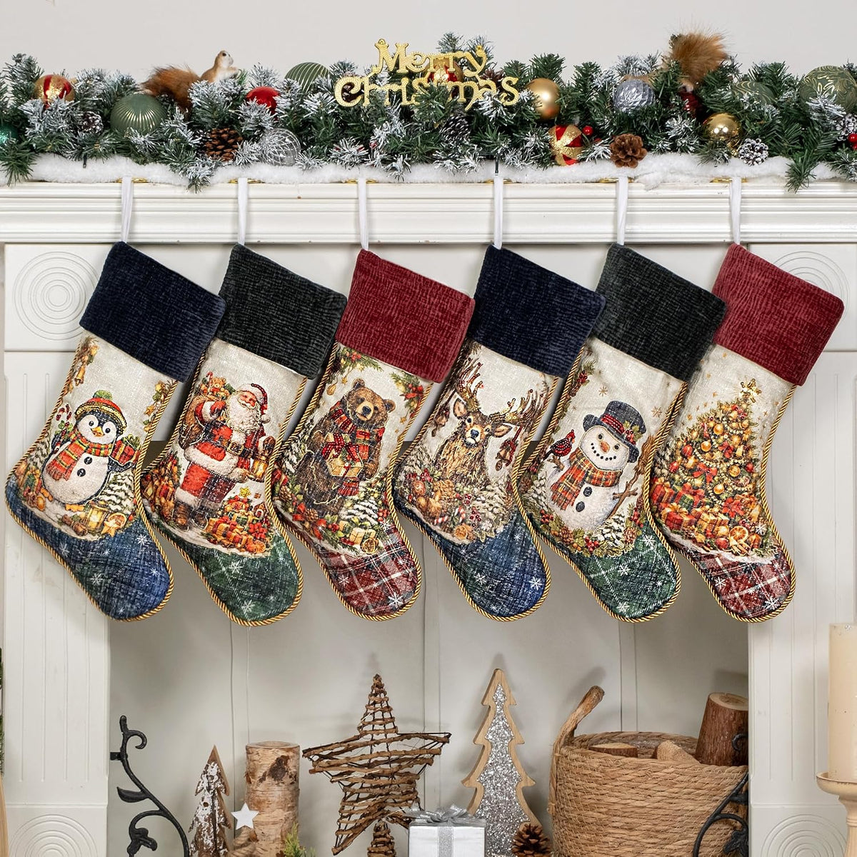 6 Pack Christmas Stockings Set of 6 Large Family Xmas Stocking Embroidered 20" Rustic Traditional Classic Retro Vintage Fireplace Hanging Holiday Decor
