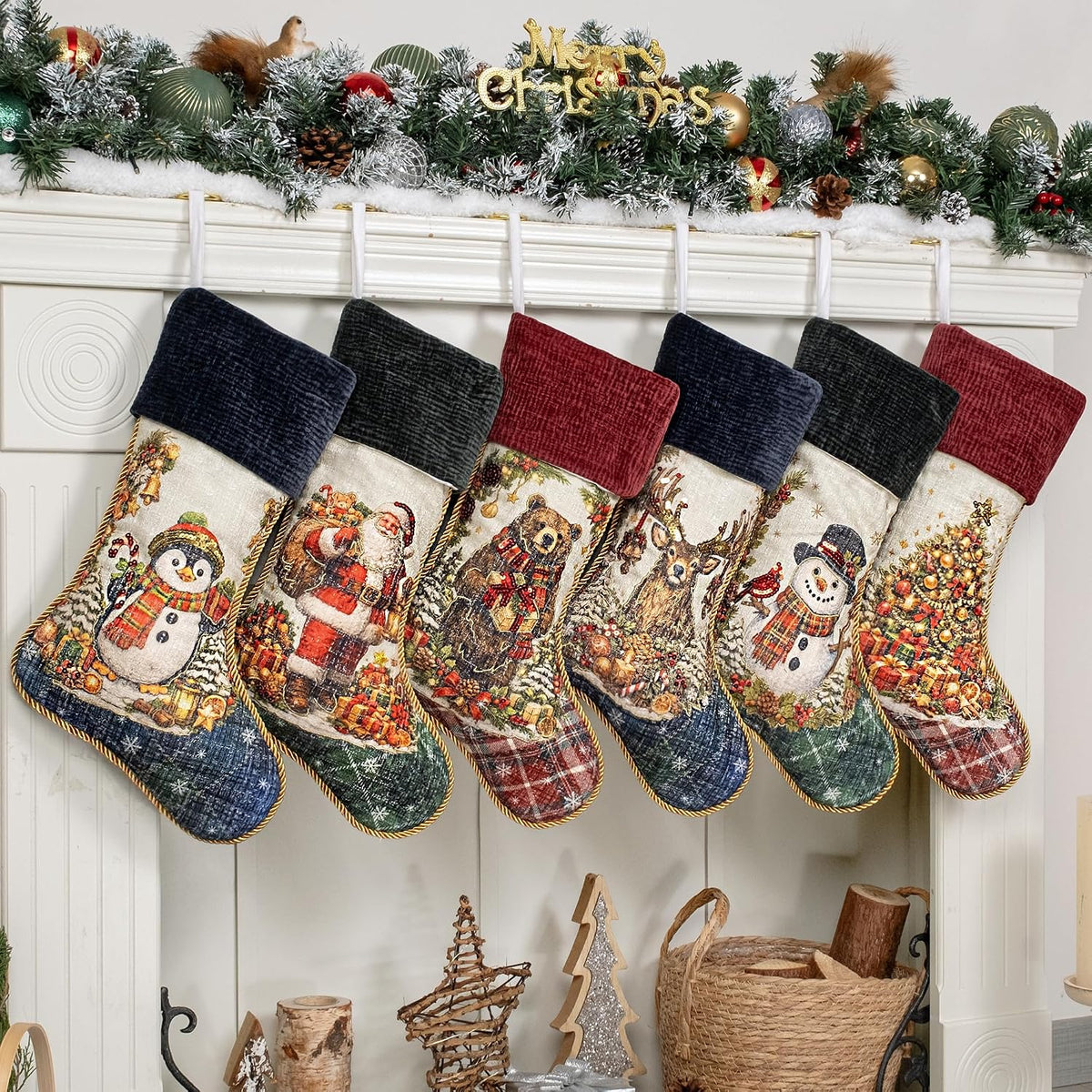 6 Pack Christmas Stockings Set of 6 Large Family Xmas Stocking Embroidered 20" Rustic Traditional Classic Retro Vintage Fireplace Hanging Holiday Decor