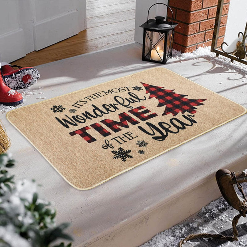 Christmas Door Mat Xmas Welcome Christmas Mat Non-Slip And Washable Winter Doormat Rubber Back Snowflakes Door Mat Rugs For Indoor Outdoor(Red And Black Lattice Christmas Tree Pattern)