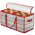 Christmas Ornament Storage Box - Stores 128 Ornaments W/ 2 Sided Zipper - Flexible Plastic Christmas Ornament Storage Containers - 3 Inch Cube Compartments - Red