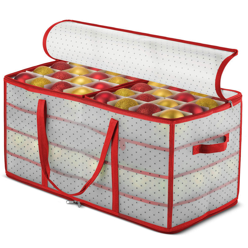 Christmas Ornament Storage Box - Stores 128 Ornaments W/ 2 Sided Zipper - Flexible Plastic Christmas Ornament Storage Containers - 3 Inch Cube Compartments - Red