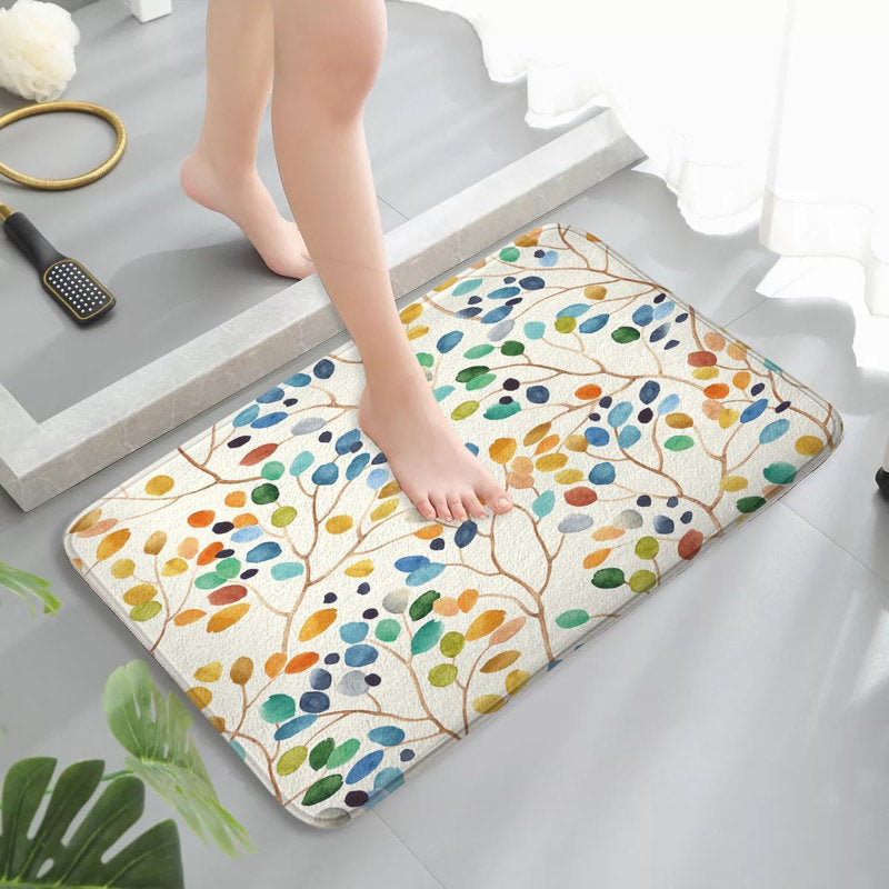 Colorful Boho Floral Leaf Bath Mat, Watercolor Flower Plant Bathroom Floor Mat, Absorbent Quick Dry Soft Flannel Bath Mat for Bathroom Kitchen, 16x24 inch
