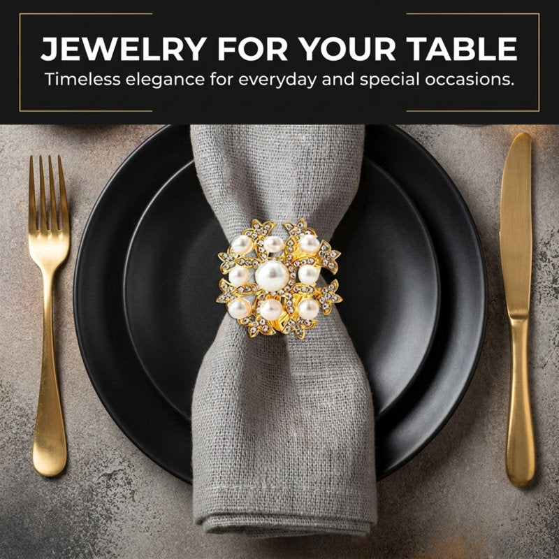 Gold Napkin Rings Set of 4 with Floral Pearl Design for Elegant Dining Table & Christmas Decor Accent