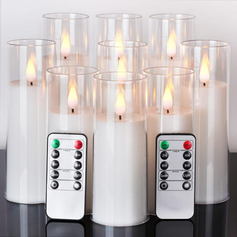 Pure White Flameless Candles, Battery Operated Candles, Acrylic Flickering LED Pillar Candles With Remote Control And Timer, 3D Wick, Yellow And Blue Glow, D2.2 Xh5 6" 7", Set Of 9