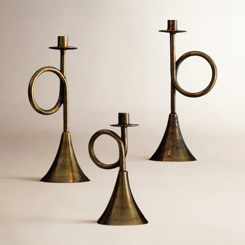 Reena Antique Brass Trumpet Metal Taper Candle Holders
