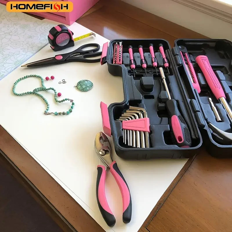 HOMEFISH 39piece Pink Tool Kit, Including Screwdriver, Utility Knife, Scissors, Tape Measure, Hammer, Internal Hex Wrench, And Pliers, Suitable For Repairs In Home, Garage, Garden, Office, And College Dormitory, More Suitable For Women To Use.