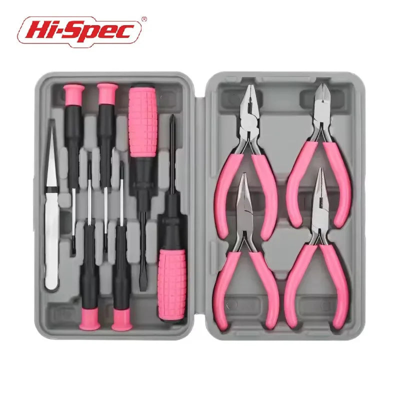 Hi-Spec 11pc DIY Jewelry Pink Lady Hand Tool Set Household Home Repair Tool Set Screwdriver Tool Box Set Pliers Home Use