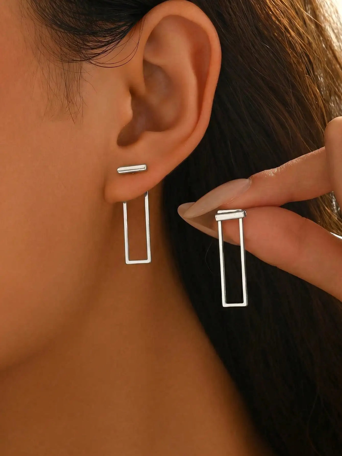1 Pair Middle Eastern Metal Style Fashion Front & Back Earrings For Women, Minimalist Geometric Shape Elongated Rectangle Design, Suitable For Daily W