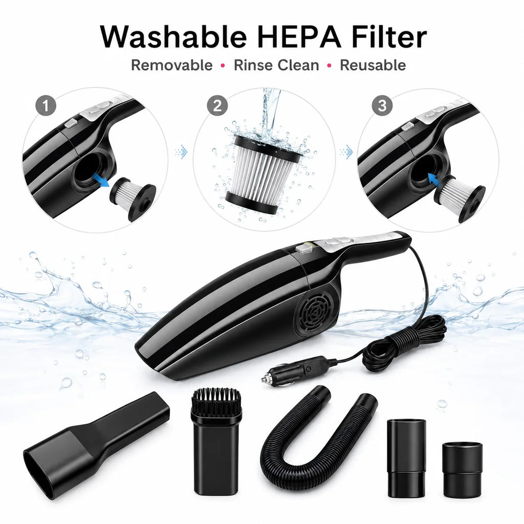 Car Vacuum Cleaner 12V 120W Wet Dry Portable Handheld Auto Vacuum 4M Cord Cigarette Lighter Hose Brush Crevice Nozzle