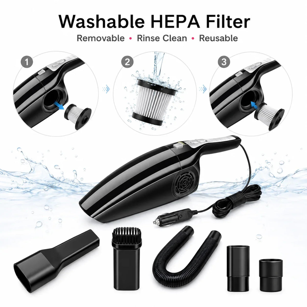 Car Vacuum Cleaner 12V 120W Wet Dry Portable Handheld Auto Vacuum 4M Cord Cigarette Lighter Hose Brush Crevice Nozzle