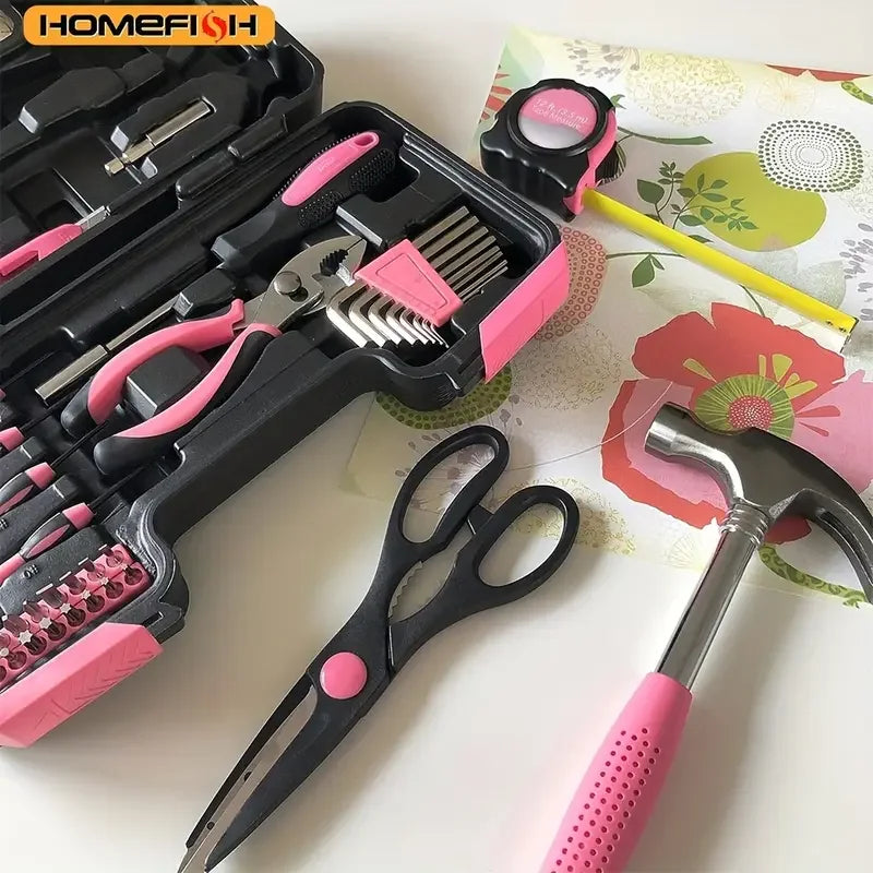 HOMEFISH 39piece Pink Tool Kit, Including Screwdriver, Utility Knife, Scissors, Tape Measure, Hammer, Internal Hex Wrench, And Pliers, Suitable For Repairs In Home, Garage, Garden, Office, And College Dormitory, More Suitable For Women To Use.