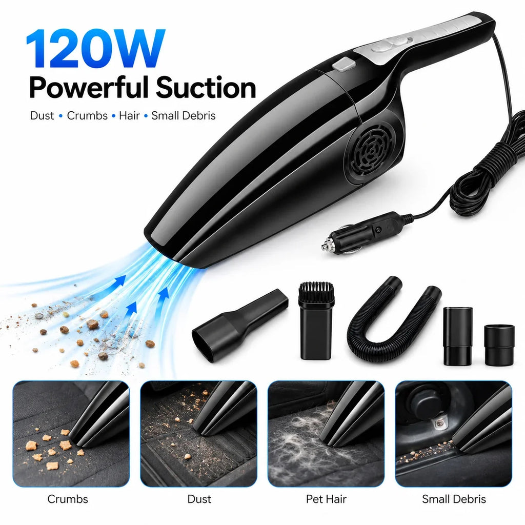 Car Vacuum Cleaner 12V 120W Wet Dry Portable Handheld Auto Vacuum 4M Cord Cigarette Lighter Hose Brush Crevice Nozzle