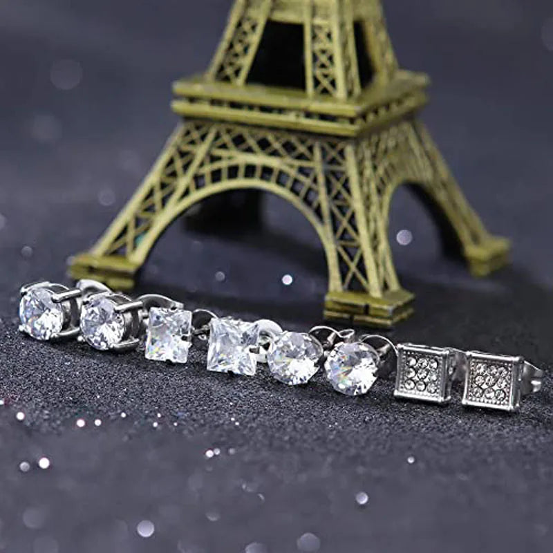 1-8 Pairs Stainless Steel Cubic Zirconia Stud Earrings Set Unisex Ear Piercing Jewelry for Men and Women 6MM Stylish Simplicity
