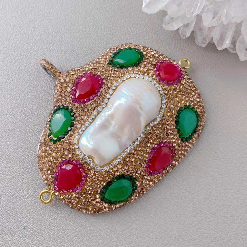 1 Pc 54x66mm champagne cz pave multi color jade pave white Nucleated Flameball Baroque Pearl connector Pendant