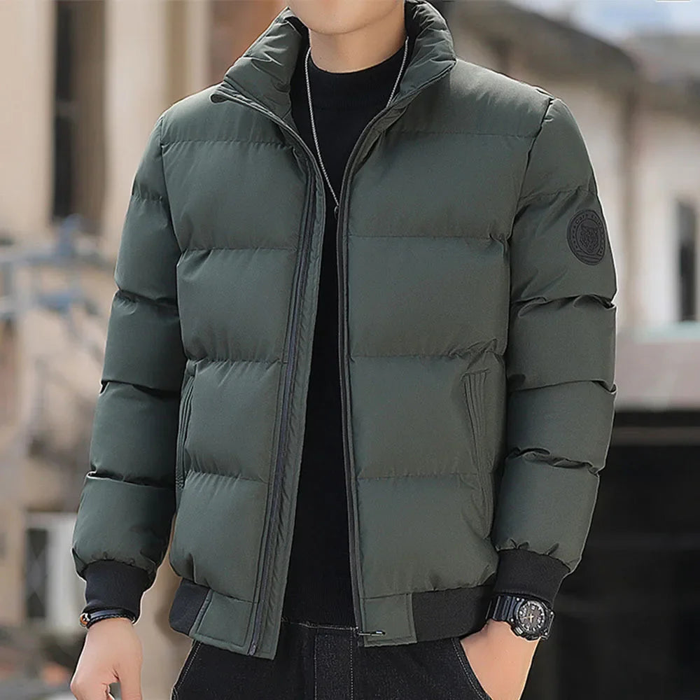 Men Stand Collar Puffer Jacket Solid Color Zip Up Warm Winter Coat Casual Lightweight Bubble Outwear With Circle Patch