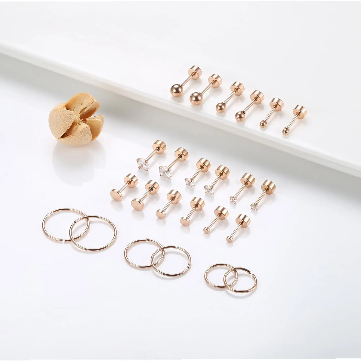1/12 Pairs Rosegold Stainless Steel Tiny CZ Ball Flat Back Stud Earring Multiple Piercing Cartilage Hoop Earrings for Women Men