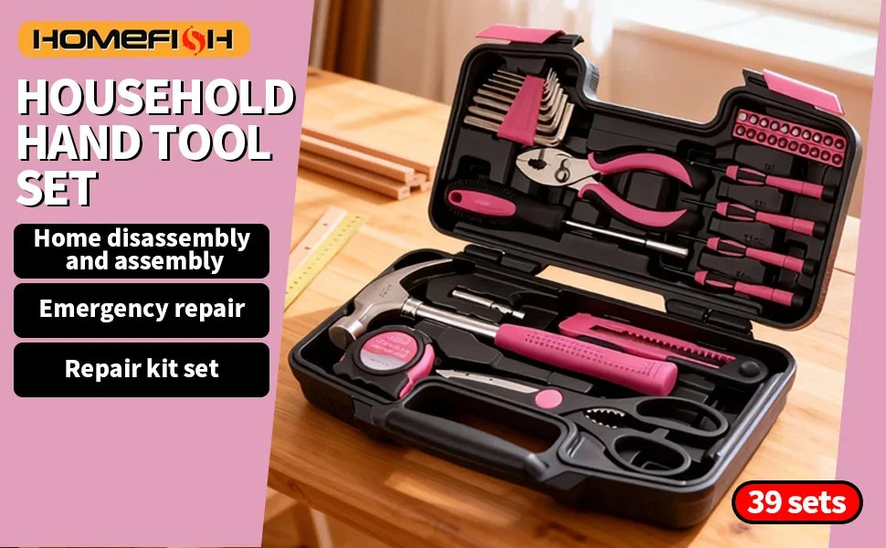 HOMEFISH 39piece Pink Tool Kit, Including Screwdriver, Utility Knife, Scissors, Tape Measure, Hammer, Internal Hex Wrench, And Pliers, Suitable For Repairs In Home, Garage, Garden, Office, And College Dormitory, More Suitable For Women To Use.