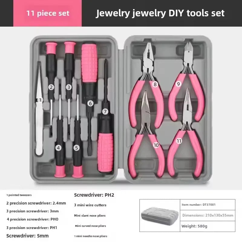 Hi-Spec 11pc DIY Jewelry Pink Lady Hand Tool Set Household Home Repair Tool Set Screwdriver Tool Box Set Pliers Home Use