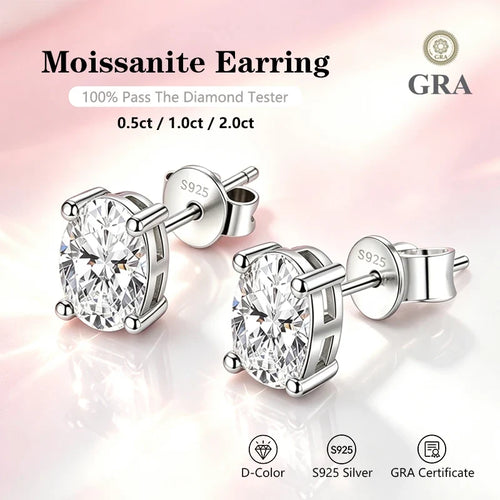 0.5~2.0ct Oval Cut Moissanite Earrings 925 Silver with GRA Certificate Fashionable Wedding Jewelry Bridal Anniversary Gift