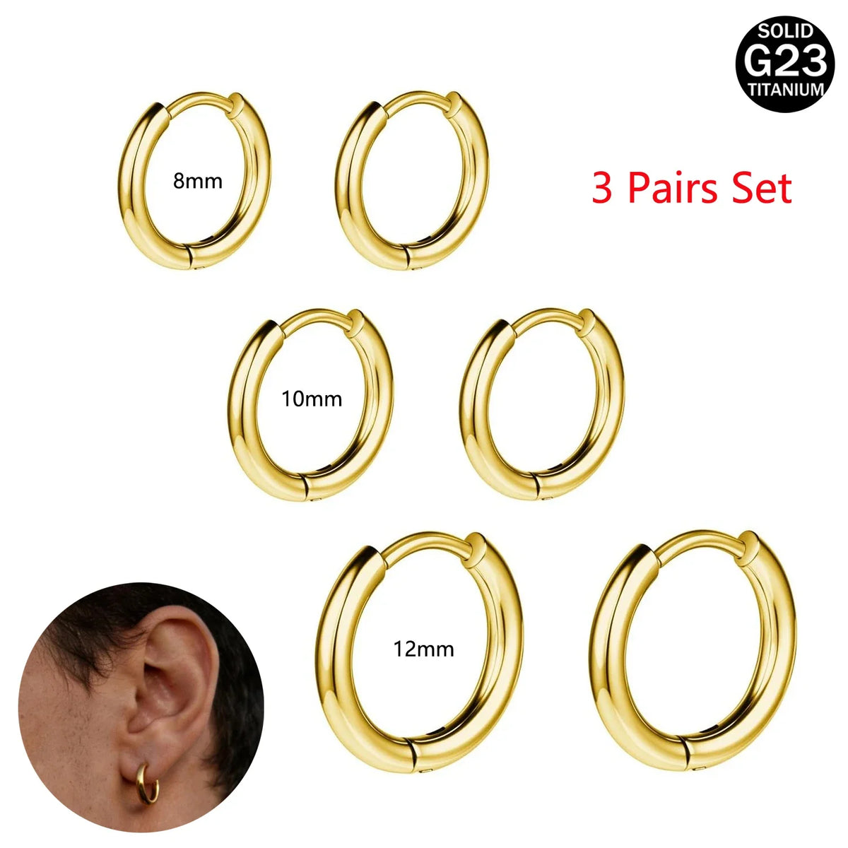 1/3 Pairs G23 Titanium Small Hoop Earrings Clicker Hoop 8mm/10mm/12mm Silvery Golden Men Women Cartilage for Ear Lobe Earrings