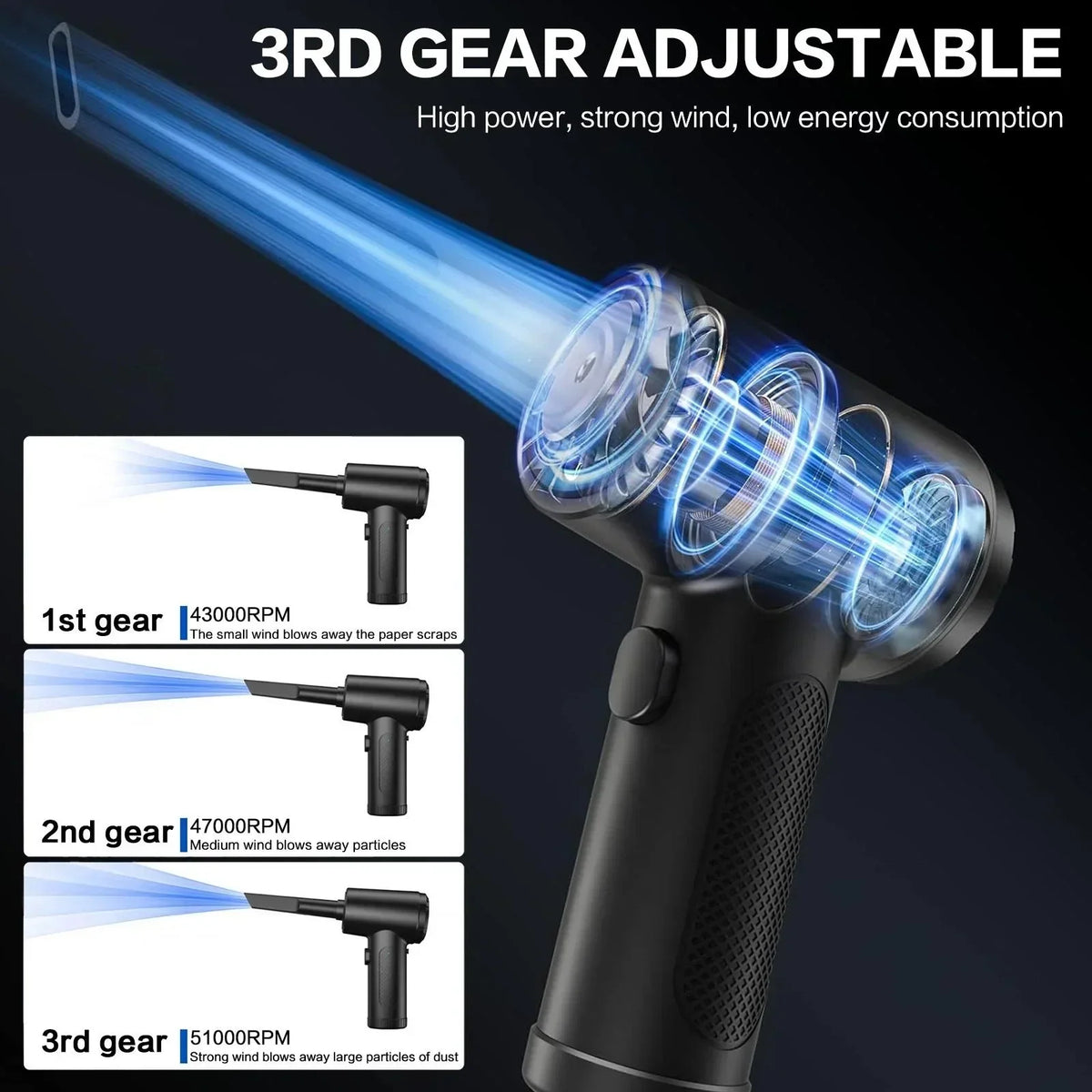 6000mAh Rechargeable Electric Air Duster, Cordless Portable Air Blower with 3 Speed Settings up to 51000RPM and LED Light, Powerful Dust Cleaning Tool for Computer PC Keyboard Laptop Electronics, Home Office Car Garage Workshop and Equipment