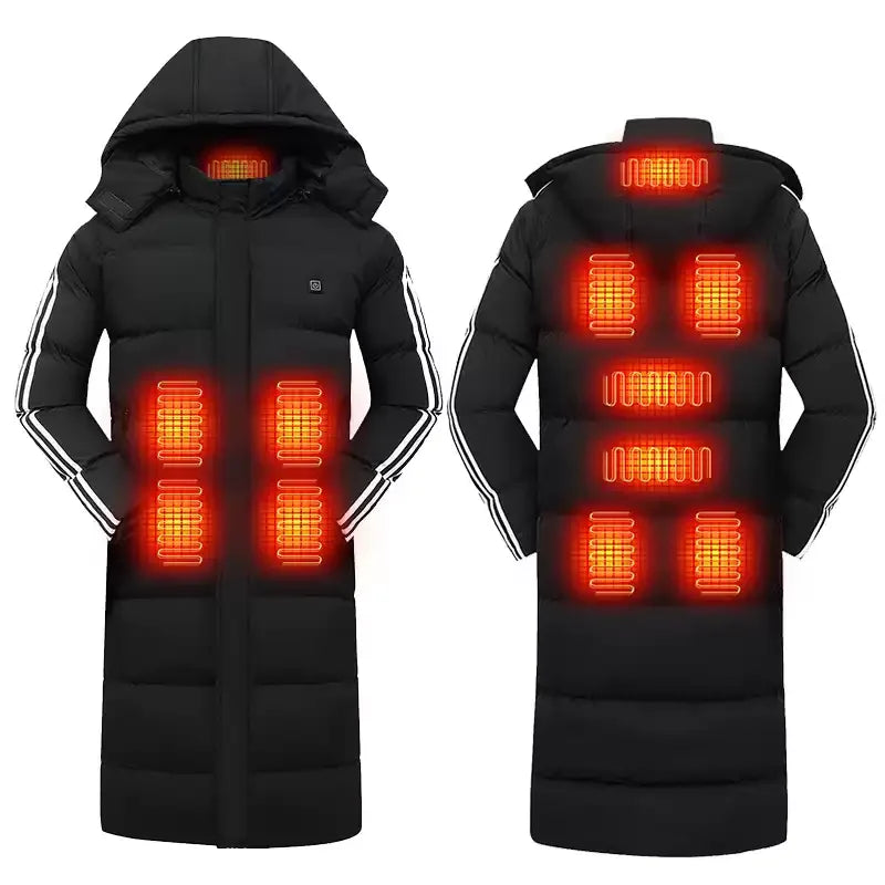 Smart Dual Control Heated Coat 11 Zone - Long Knee Length Hooded Cotton Parka, Outdoor Winter Warm Electric Heating Jacket