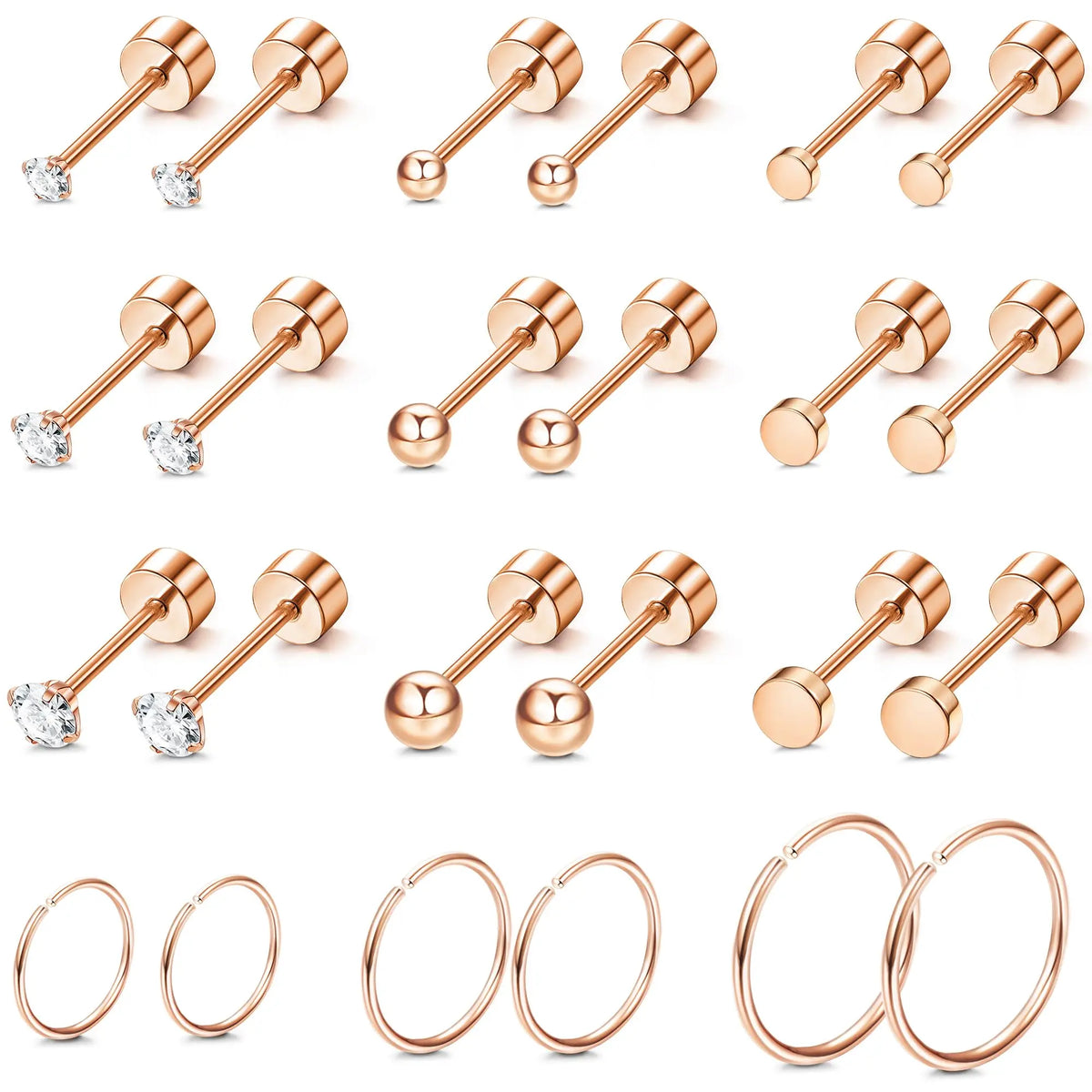 1/12 Pairs Rosegold Stainless Steel Tiny CZ Ball Flat Back Stud Earring Multiple Piercing Cartilage Hoop Earrings for Women Men