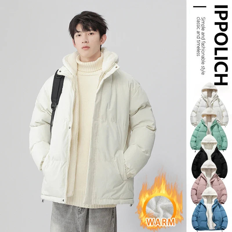 Coat Man Winter Jacket Loose-fit Thickened Warm Cotton Coat Fleece Hood Men Trendy Cotton Padded Jacket Fake Two-piece Pink Couple