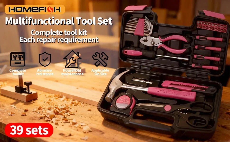 HOMEFISH 39piece Pink Tool Kit, Including Screwdriver, Utility Knife, Scissors, Tape Measure, Hammer, Internal Hex Wrench, And Pliers, Suitable For Repairs In Home, Garage, Garden, Office, And College Dormitory, More Suitable For Women To Use.