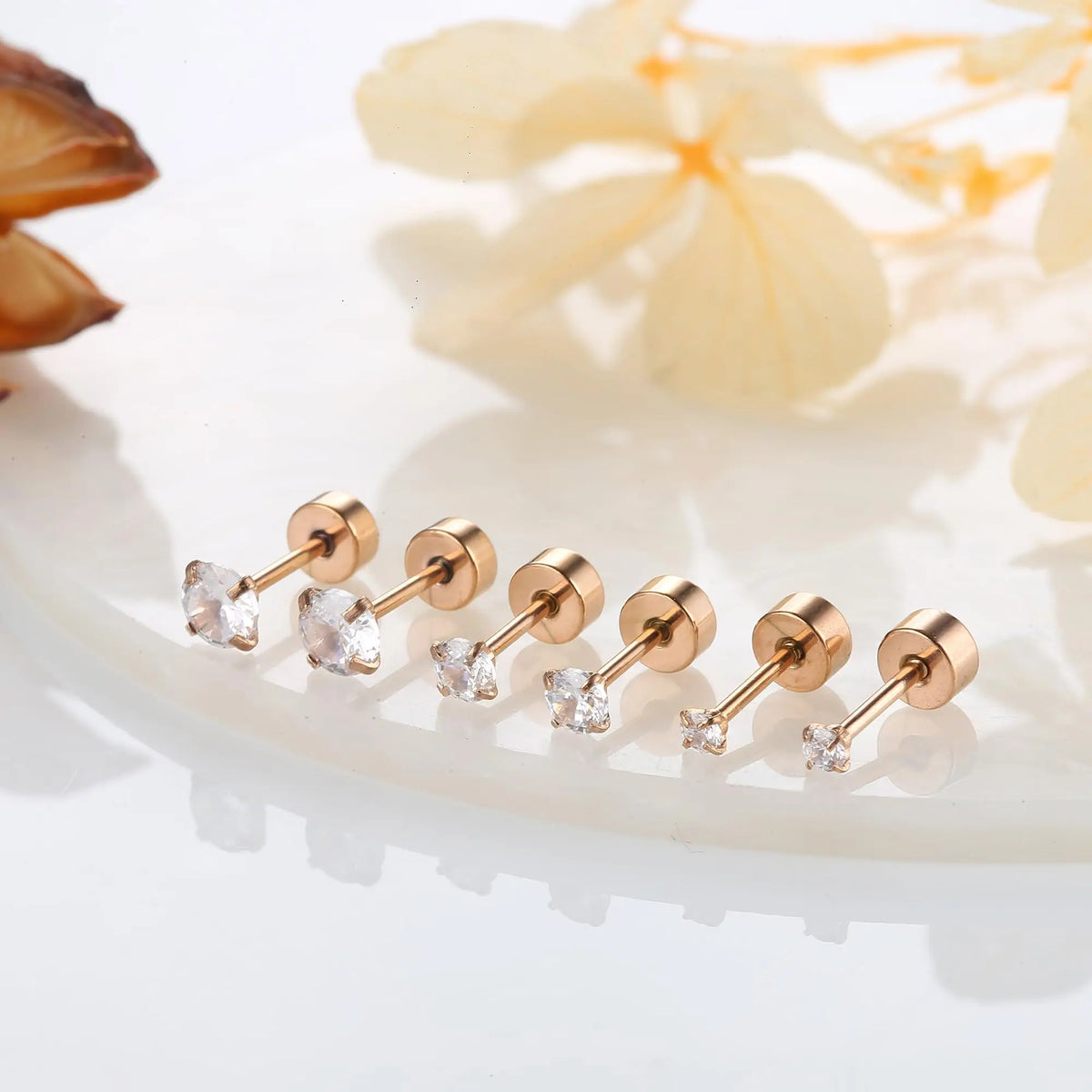 1/12 Pairs Rosegold Stainless Steel Tiny CZ Ball Flat Back Stud Earring Multiple Piercing Cartilage Hoop Earrings for Women Men