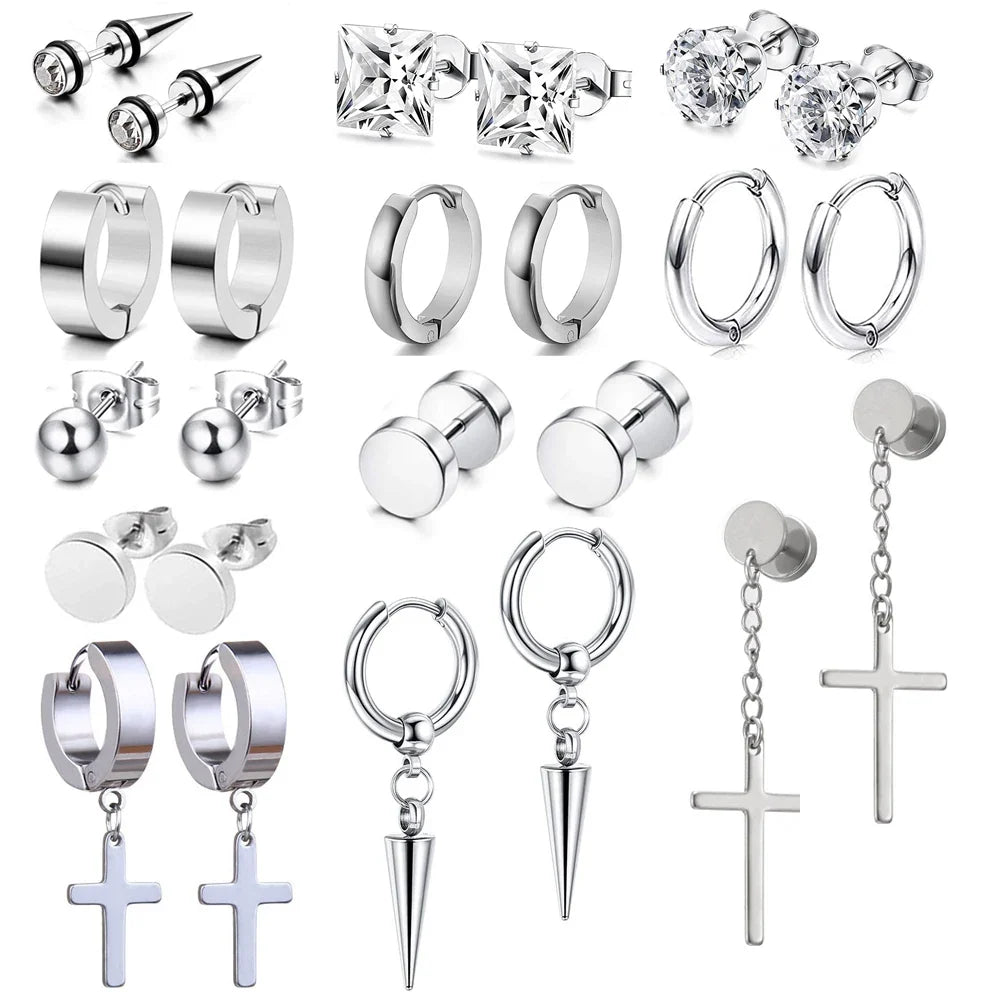 1 Pair Stainless Steel Cross Dangle Hoop Earrings Kit Fashion CZ Stud Piercing Jewelry Set for Men and Women Black Silver Gold
