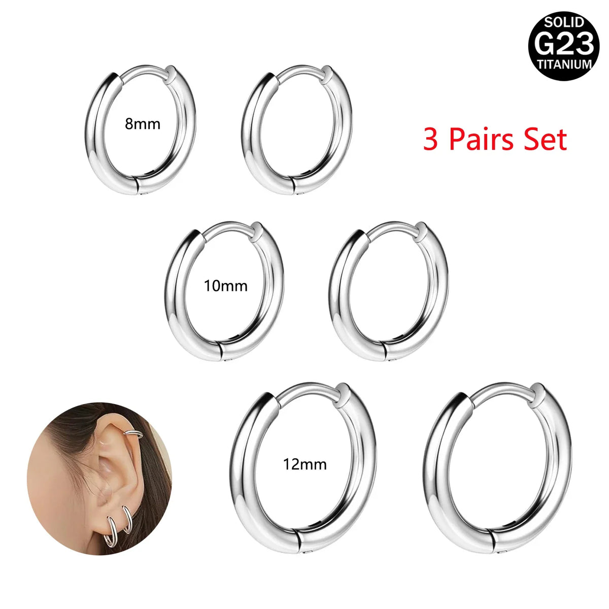 1/3 Pairs G23 Titanium Small Hoop Earrings Clicker Hoop 8mm/10mm/12mm Silvery Golden Men Women Cartilage for Ear Lobe Earrings