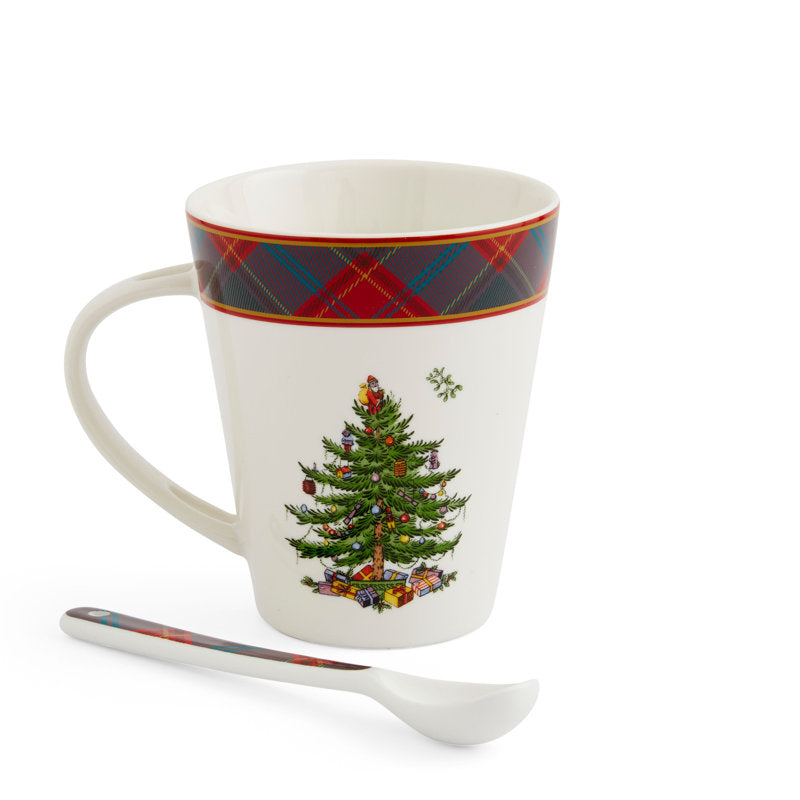 Spode Christmas Tree Tartan Mug & Spoon Set 14Oz
